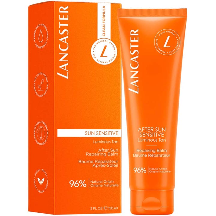 Lancaster Sun Sensitive After Sun Repair Balm 150 ml rauhoittava after sun oranssissa pakkauksessa ja tuubissa