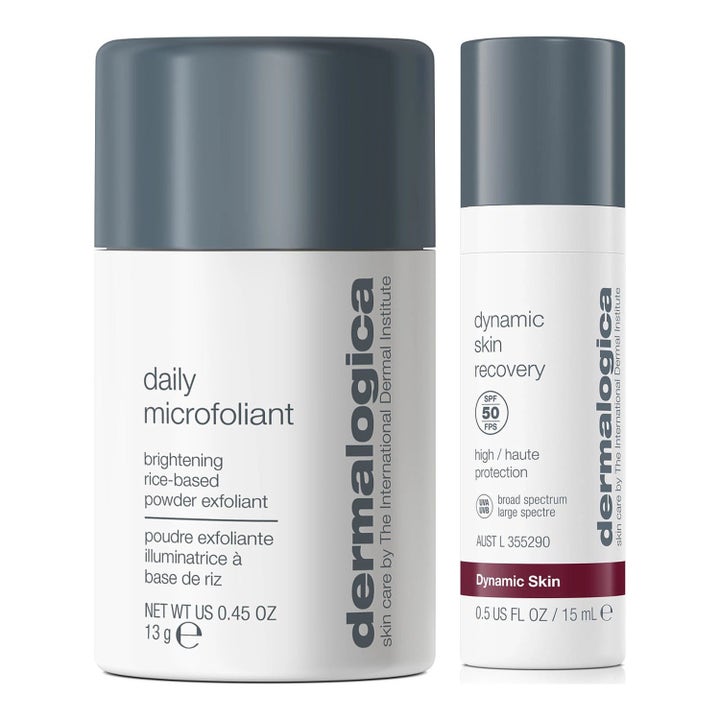 Dermalogica Daily Microfoliant 13g ja Dynamic Skin Recovery 15ml kirkastava ja suojaava duo harmailla korkeilla.