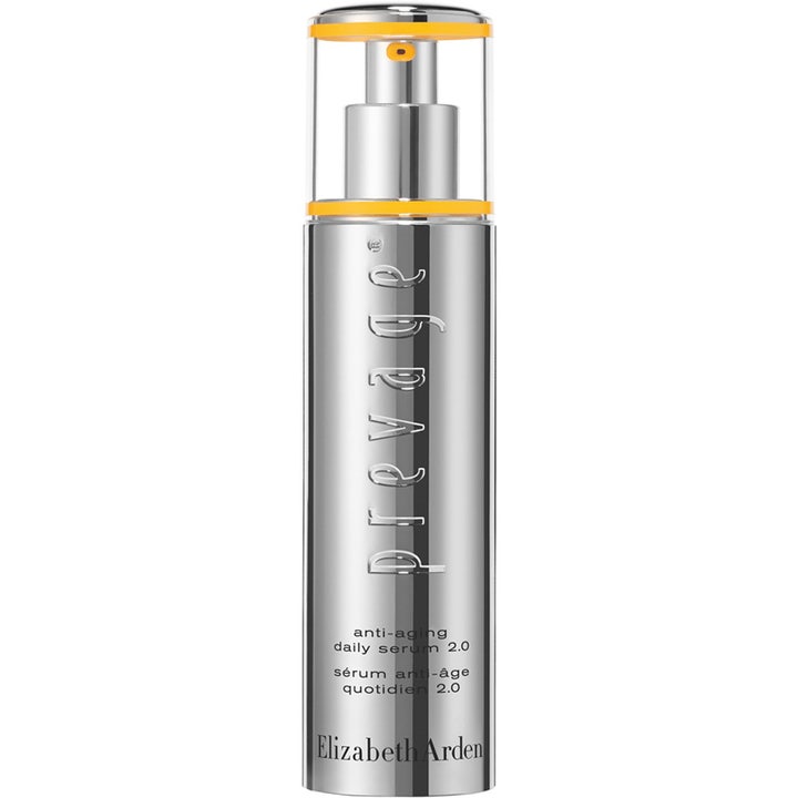 Elizabeth Arden Prevage Anti-aging Daily Serum 2.0 silottava seerumi hopeisessa pullossa keltaisilla yksityiskohdilla