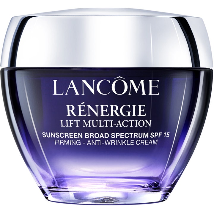 Lancôme Rénergie Lift Multi-Action SPF 15 kiinteyttävä päivävoide tyylikkäässä violetissa lasipurkissa.