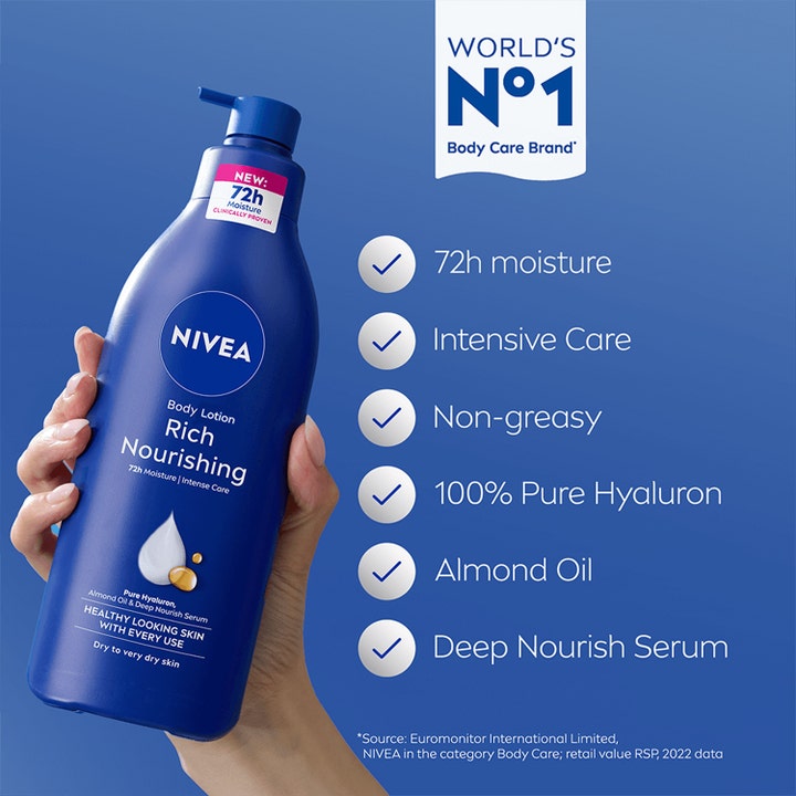 NIVEA Rich Nourishing Body Lotion 400 ml syväkosteuttava vartalovoide sinisessä pumppupullossa sisältää manteliöljyä