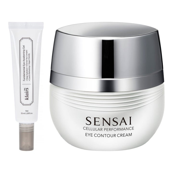 Klairs Eye Awakening Gel 35 ml ja Sensai Eye Contour Cream virkistävä silmänympäryshoito valkoisessa tuubissa ja purkissa