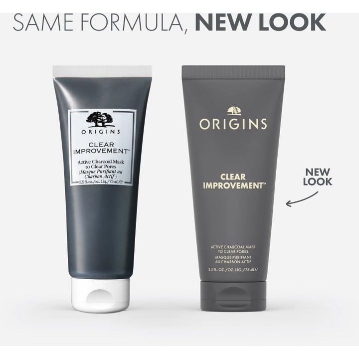 Origins Clear Improvement 75 ml syväpuhdistava kasvonaamio uudessa ja vanhassa harmaassa tuubipakkauksessa.