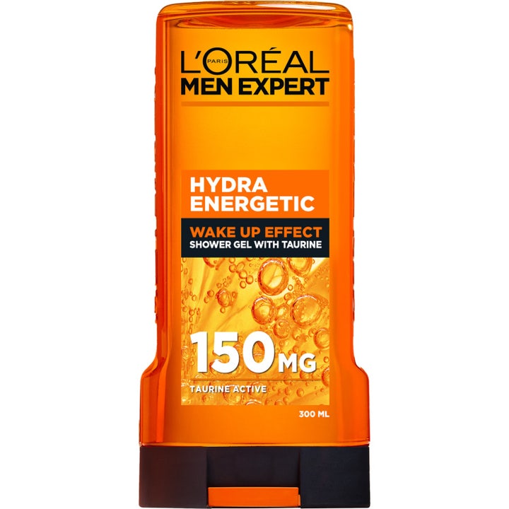 L'Oréal Men Expert Hydra Energetic 300 ml virkistävä suihkugeeli oranssissa läpinäkyvässä muovipullossa.