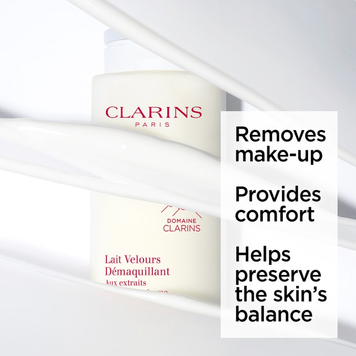 Clarins Velvet Cleansing Milk 200 ml puhdistusmaito, jonka kermainen koostumus poistaa meikin ja rauhoittaa ihoa.