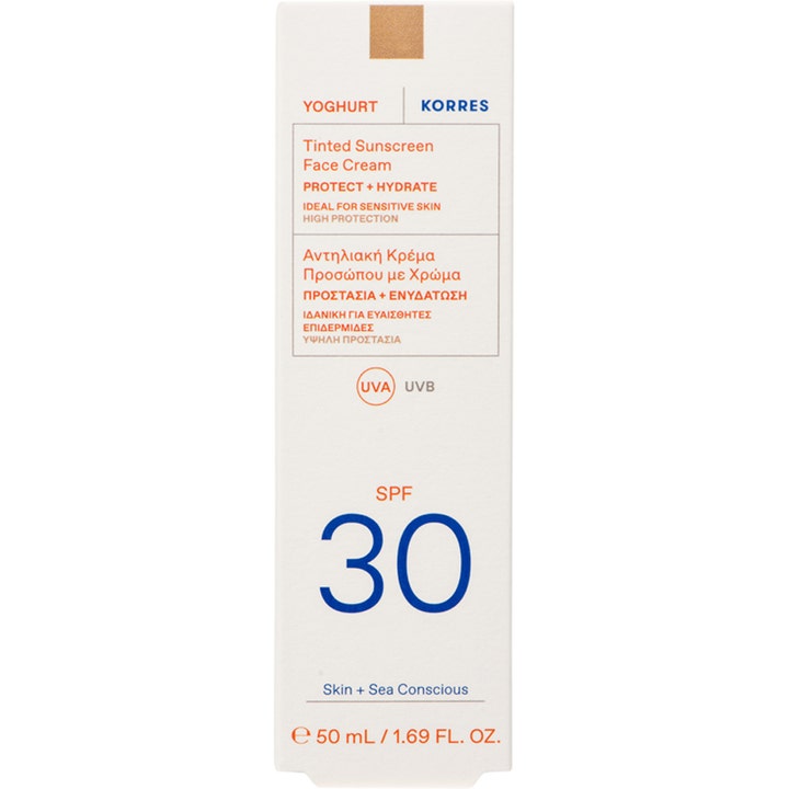 Korres Yoghurt Tinted Sunscreen Face Cream 50 ml kosteuttava sävytetty aurinkovoide valkoisessa pahvipakkauksessa.