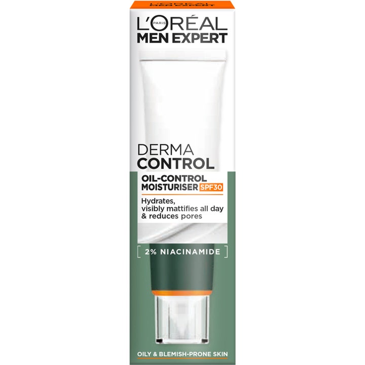 L'Oréal Paris Men Expert Derma Control Moisturiser 40 ml päivävoide SPF30 ja niasiiniamidia valkoisessa pakkauksessa
