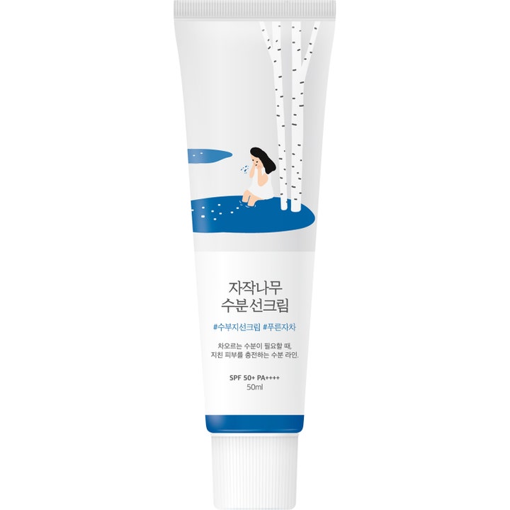 Round Lab Birch Juice Moisturizing Sunscreen 50 ml kosteuttava aurinkovoide valkoisessa tuubissa, jossa on koivukuvitus.