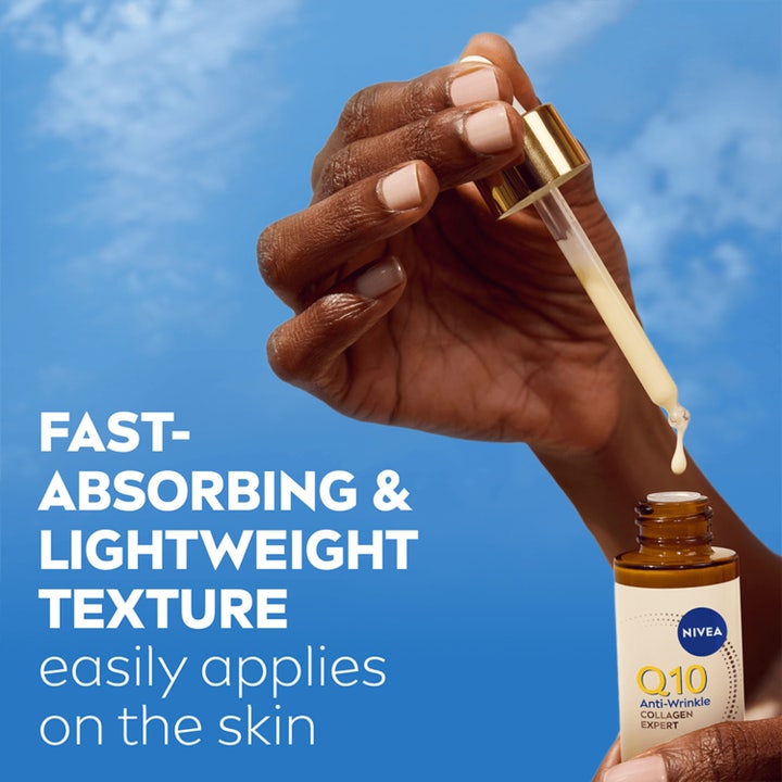 NIVEA Q10 Collagen Expert 3IN1 Repairing Serum 30 ml korjaava seerumi ja nopeasti imeytyvä kevyt koostumus pipetissä.