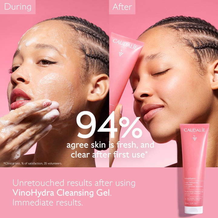 Caudalie Vinohydra Moisturizing Cleansing Gel 150 ml puhdistusgeeli vaaleanpunainen tuubi ja 94 % raikkaampi iho