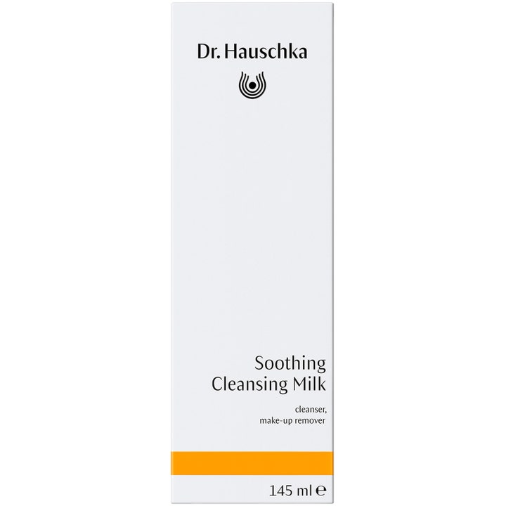 Dr. Hauschka Soothing Cleansing Milk 145 ml rauhoittava puhdistusemulsio valkoisessa pahvipakkauksessa oranssilla raidalla.