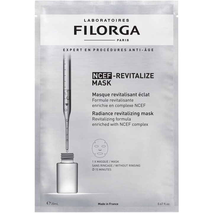 Filorga NCEF Revitalize Mask 20 ml kirkastava kasvonaamio hopeisessa pakkauksessa jossa on pipetin kuva
