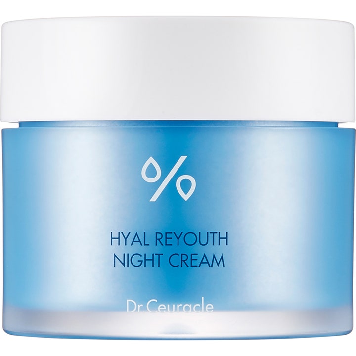 Dr. Ceuracle Hyal Reyouth Night Cream 60 ml kosteuttava yövoide sinisessä huurretussa lasipurkissa valkoisella korkilla.