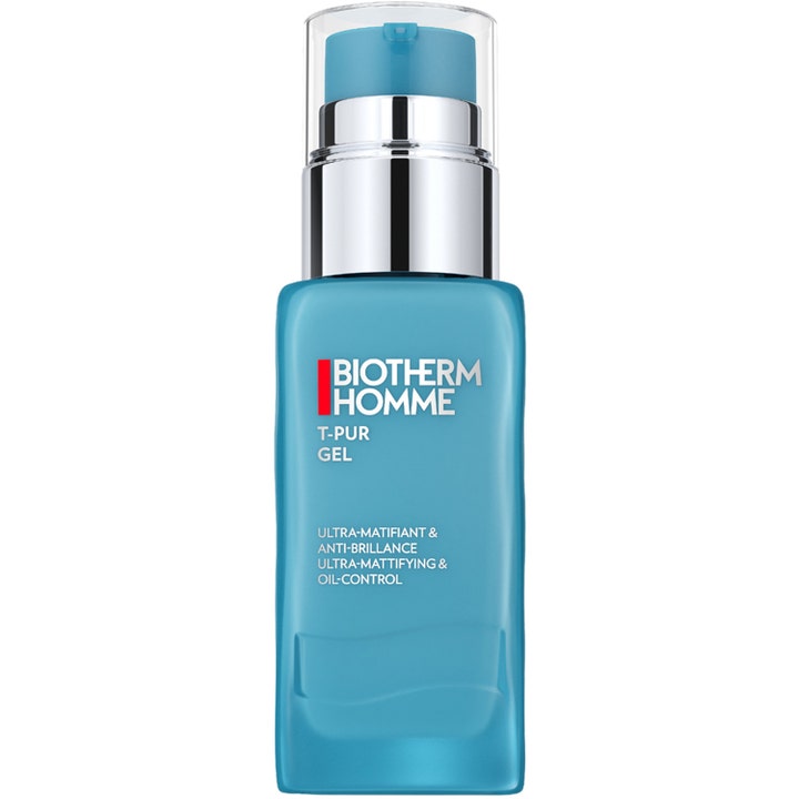 Biotherm Homme T-Pur Gel kiiltoa hillitsevä kasvogeeli sinisessä pumppupullossa jossa on kirkas korkki ja hopeinen kaulus