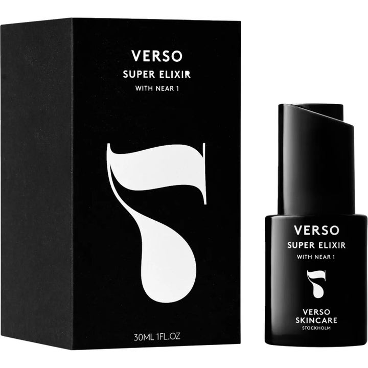 Verso N°7 Super Elixir With NEAR 1 30 ml kirkastava kasvoöljy mustassa rasiassa ja tyylikkäässä pumppupullossa