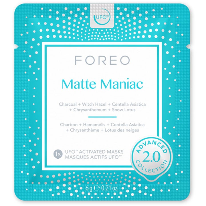 FOREO UFO Matte Maniac 2.0 6 kpl syväpuhdistava kasvonaamio turkoosissa pussissa jossa on valkoisia pilkkuja