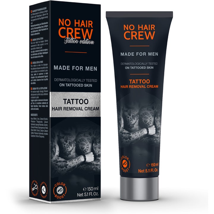 No Hair Crew Tattoo Hair Removal Cream 150 ml ihokarvanpoistovoide tatuoidulle iholle mustassa tuubissa ja kotelossa.