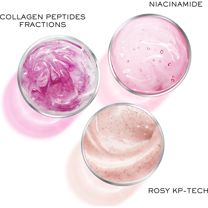 Lancôme Rénergie Multi-Glow 50 ml heleyttävä päivävoide ja kolme erilaista vaaleanpunaista koostumusta niasiiniamidilla.