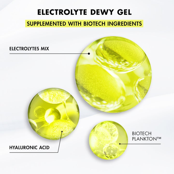 Biotherm Aquasource+ Electrolyte Dewy Gel 100 ml kosteuttava kasvogeeli esittelee ainesosat vihreinä tekstuurikuplina.