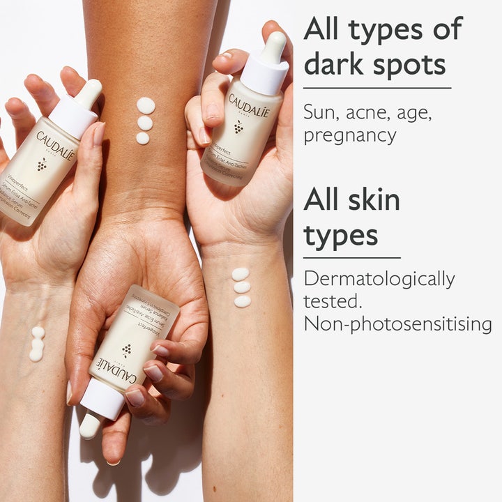 Caudalie Vinoperfect Radiance Serum 30 ml kirkastava seerumi kolmella eri ihonsävyllä ja tekstuuritipoilla.