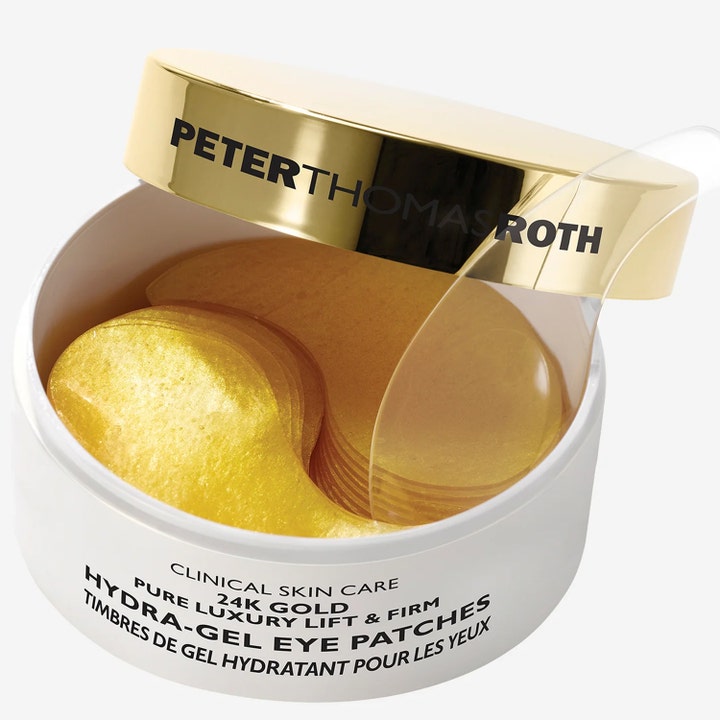 Peter Thomas Roth 24k Gold Eye Patches 60 kpl kiinteyttävä silmänympärysnaamio kultaisilla lapuilla avatussa purkissa.