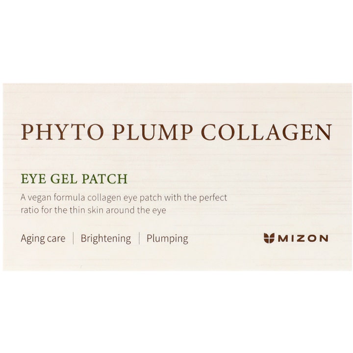 Mizon Phyto Plump Collagen Eye Gel Patch 84 g kirkastava vegaaninen silmänympärysnaamio vaaleassa pakkauksessa
