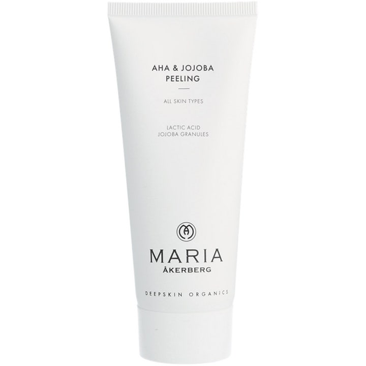Maria Åkerberg AHA & Jojoba Peeling uudistava kuorinta valkoisessa tuubissa sisältää jojobarakeita ja maitohappoa.