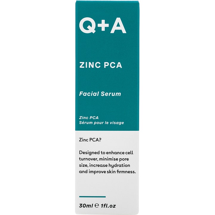 Q+A Zinc PCA Facial Serum 30 ml ihohuokosia supistava kasvoseerumi turkoosissa ja valkoisessa pahvipakkauksessa.