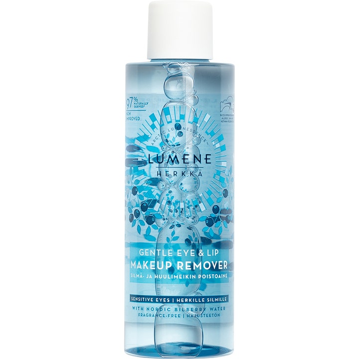 Lumene Herkkä Silmä- ja huulimeikin poistoaine 100 ml hellävarainen puhdistus kirkkaassa pullossa valkoisella korkilla.