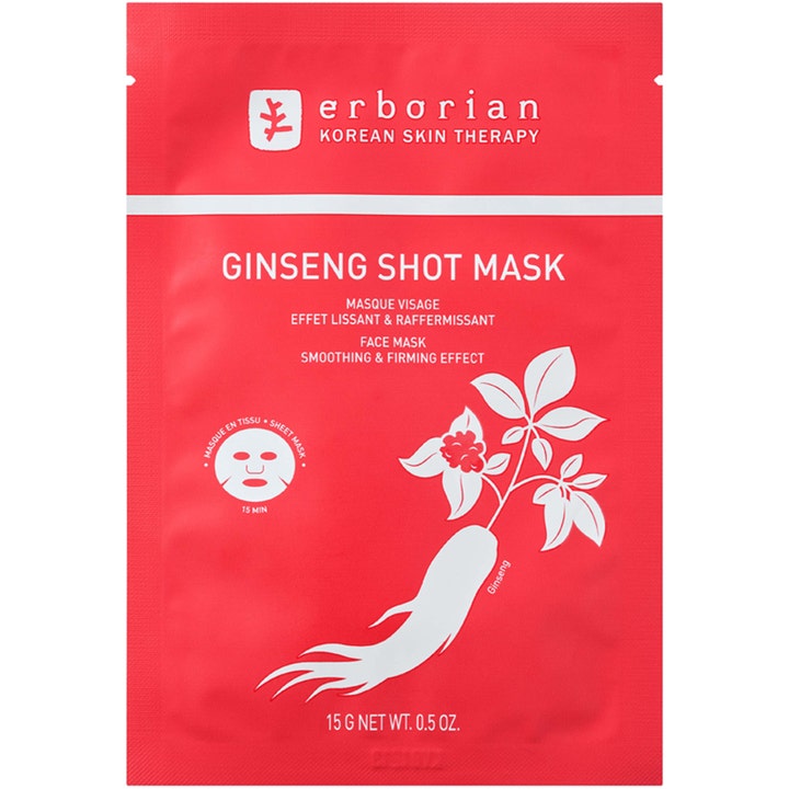 Erborian Ginseng Shot Mask 15 g silottava kangasnaamio punaisessa pussissa jossa on ginseng-juuren kuva.