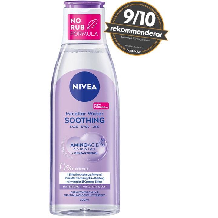 Nivea Micellar Water Soothing 200 ml rauhoittava meikinpoistoaine kirkas pullo violetilla korkilla
