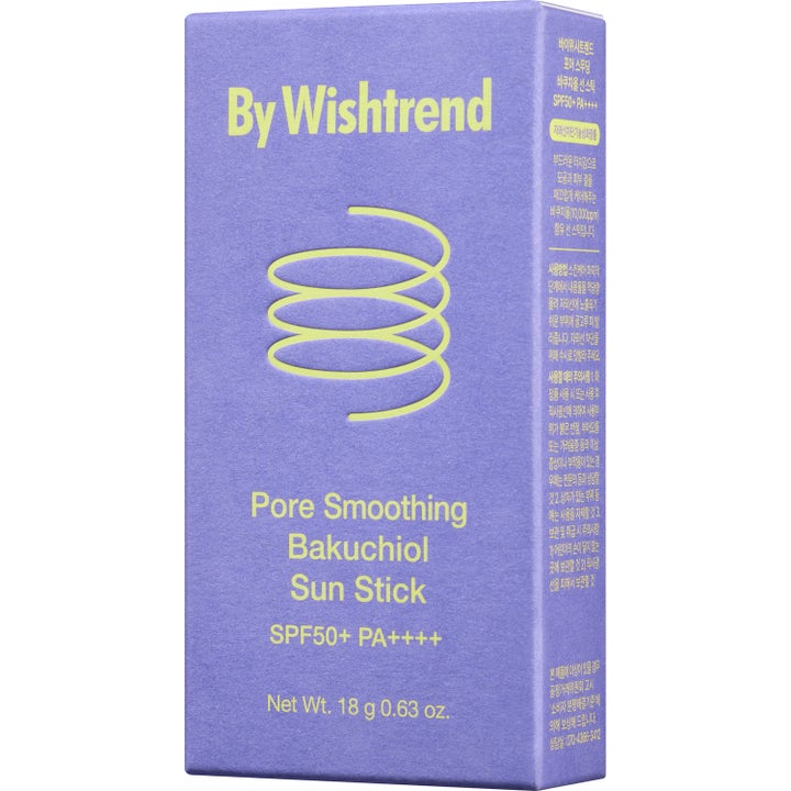 By Wishtrend Pore Smoothing Bakuchiol Sun Stick 18 g ihohuokosia tasoittava aurinkosuojapuikko liilassa rasiassa.
