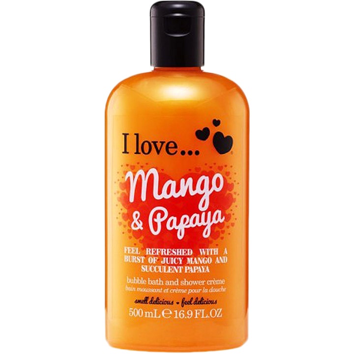 I Love Mango & Papaya 500 ml virkistävä suihkugeeli ja kylpyvaahto oranssissa muovipullossa mustalla korkilla