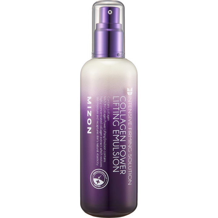 Mizon Collagen Power Lifting Emulsion 120 ml kiinteyttävä emulsio liilassa liukuvärjätyssä pumppupullossa.