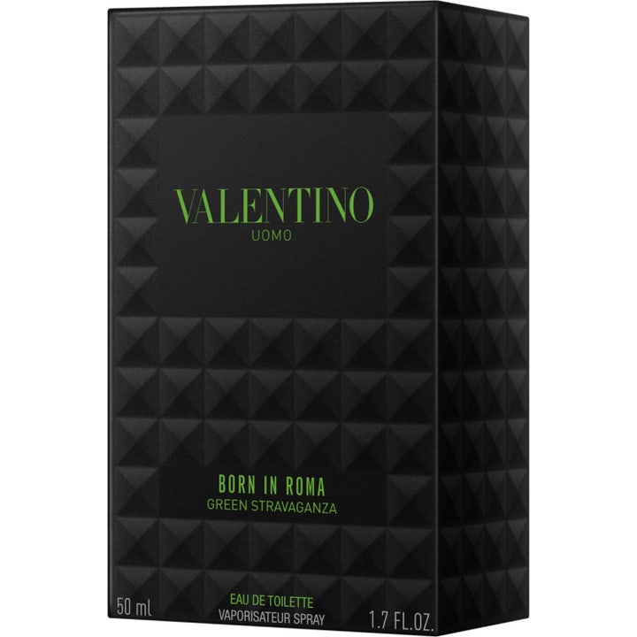 Valentino Born In Roma Uomo Green Stravaganza EdT 50 ml miesten tuoksu niittikuvioidussa lasipullossa ja pakkauksessa