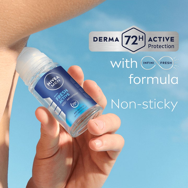 NIVEA MEN Fresh Active 50 ml roll-on deodorantti antaa raikkaan 72h suojan levitettynä iholle sinistä taivasta vasten