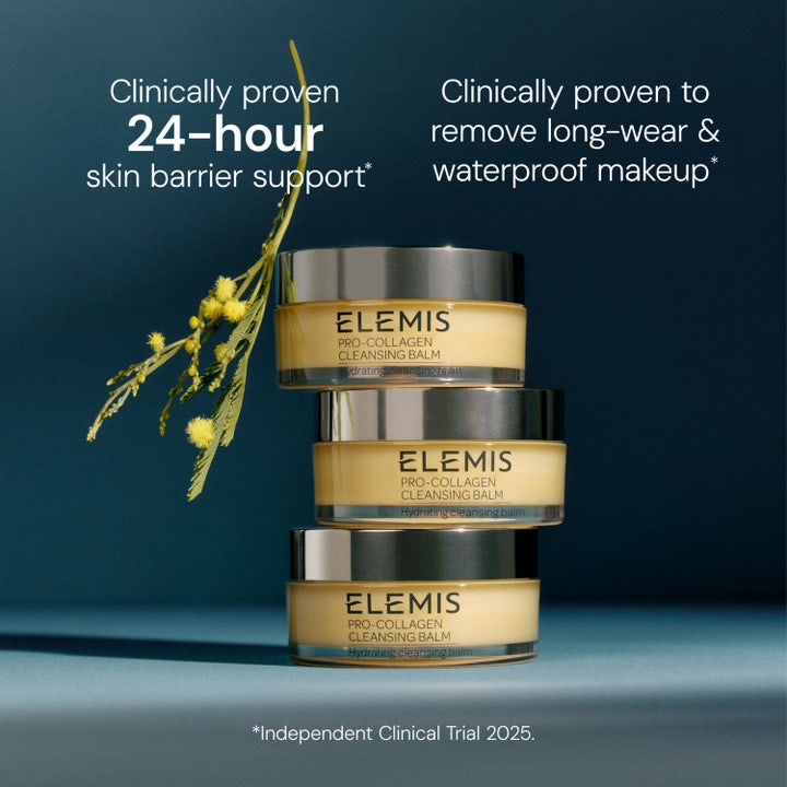 Elemis Pro-Collagen Cleansing Balm 100 g puhdistusbalmi kolmessa pinotussa purkissa poistaa vedenkestävän meikin.
