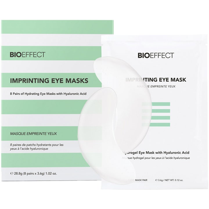 BIOEFFECT Imprinting Eye Masks 8 paria kosteuttava silmänympärysnaamio läpinäkyvät geelilaput vihreäraidallisessa pakkauksessa
