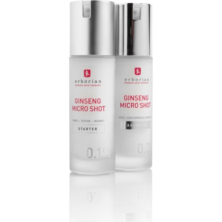 Erborian Ginseng Micro Shot 0.1 Starter 30 ml silottava seerumi kahdessa huurteisessa hopeakorkkisessa pullossa