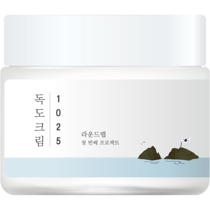 Round Lab 1025 Dokdo Cream 80 ml syväkosteuttava kasvovoide valkoisessa purkissa jossa on minimalistinen saarikuvitus.