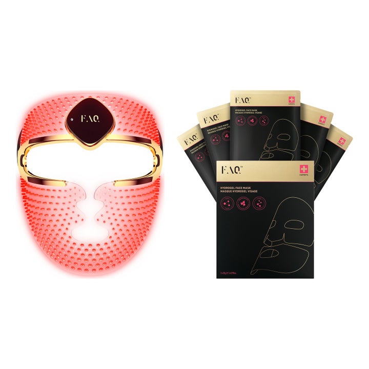 FAQ Swiss FAQ 202 LED-maski ja 5 kpl Hydrogel Face Mask ihon nuorentamiseen punaisena hohtava maski ja mustat pussit