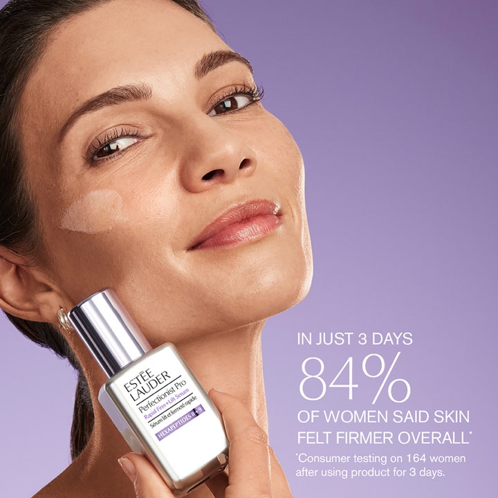 Estée Lauder Perfectionist Pro 30 ml kiinteyttävä seerumi hopeapullossa ja teksti 84 % kiinteämmästä ihosta.
