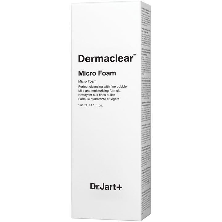 Dr.Jart+ Dermaclear Micro Foam 120 ml kosteuttava puhdistusvaahto valkoisessa pakkauksessa mustalla tekstillä.