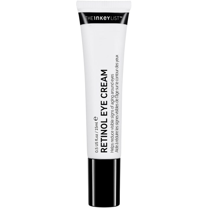 The Inkey List Retinol Eye Cream 15 ml silmänympärysvoide häivyttää juonteita valkoisessa mustakorkkisessa tuubissa.