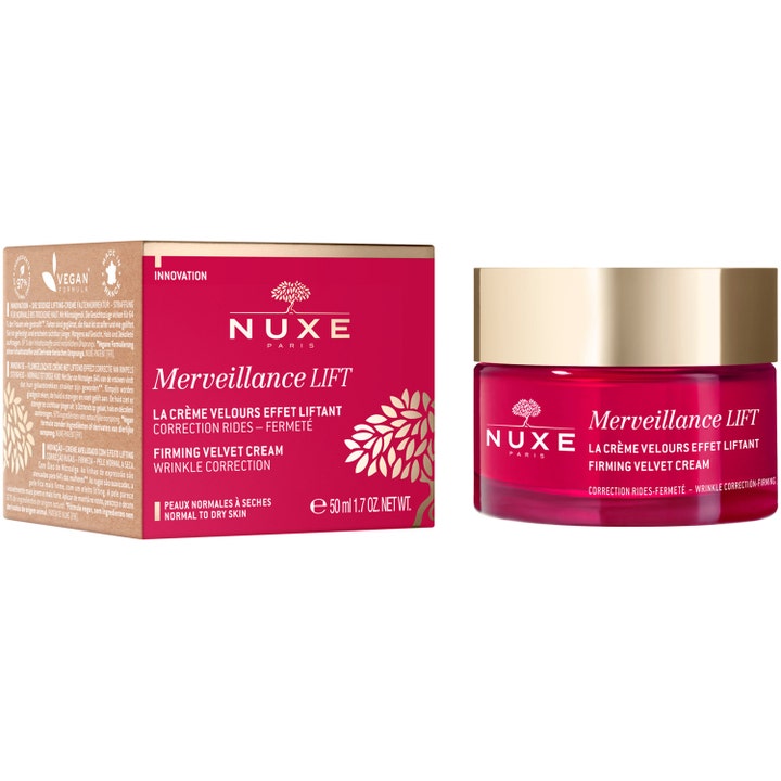 Nuxe Merveillance LIFT 50 ml kiinteyttävä kasvovoide silottaa ihoa punaisessa lasipurkissa kultaisella kannella