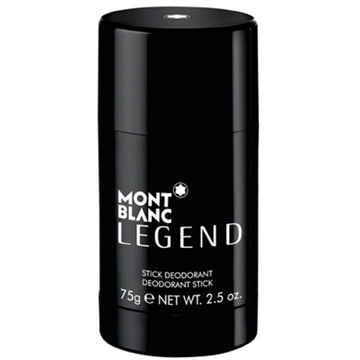 Montblanc Legend 75g stick-deodorantti tuo raikkautta tyylikkäässä mustassa hylsyssä valkoisella logolla.
