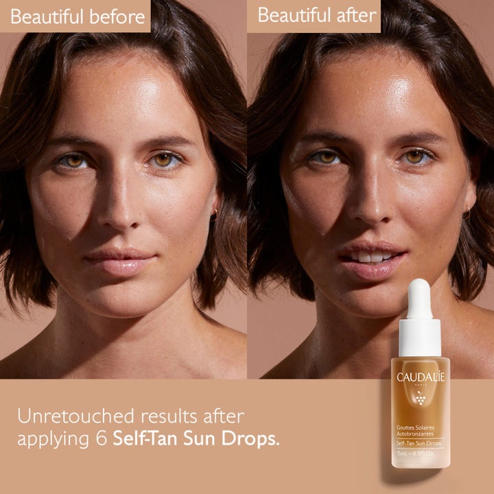 Caudalie Self-Tan Sun Drops 15 ml itseruskettavat tipat lasipullossa luovat päivettyneen ennen ja jälkeen tuloksen.