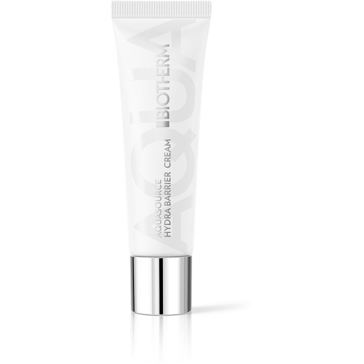 Biotherm Aquasource Hydra Barrier Cream kosteuttava kasvovoide valkoisessa tuubissa, jossa on tyylikäs hopeinen korkki