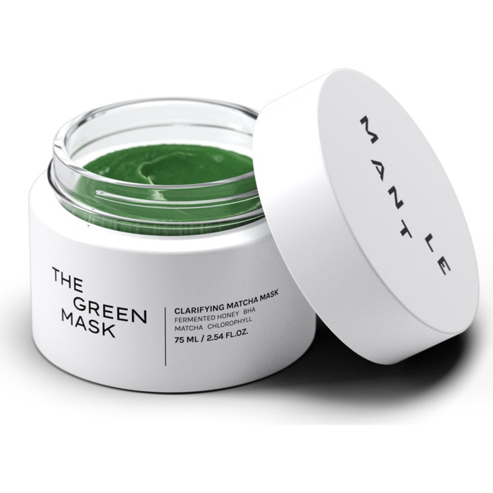MANTLE The Green Mask 75 ml puhdistava kasvonaamio valkoisessa purkissa, jossa näkyy syvänvihreä matcha-koostumus.