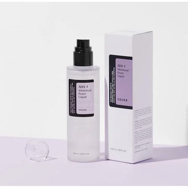 COSRX AHA 7 Whitehead Power Liquid 100 ml kirkastava kuoriva kasvovesi huurteisessa pullossa ja valkoisessa rasiassa
